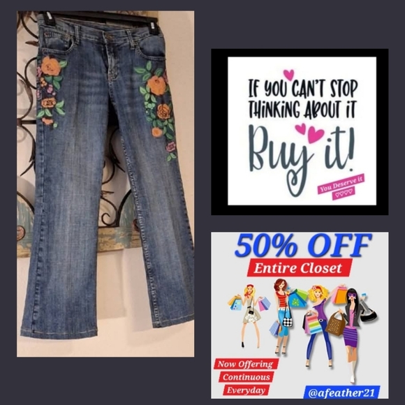 ECI Denim - ECI Blue Denim Wide-Leg Jeans with Orange & Pink Floral Embroidery. NWOT Size 4P